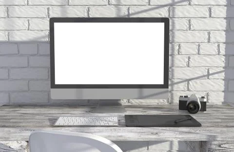 3D illustration PC screen on table near brick wall Workspace Stock Illustration