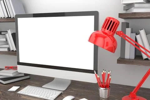 3D illustration PC screen on table in office, Workspace Stock Illustration