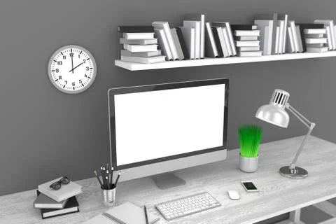 3D illustration PC screen on table in office, Workspace Stock Illustration
