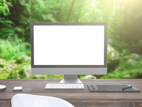 3D illustration PC screen on table outdoor  Workspace 스톡 일러스트
