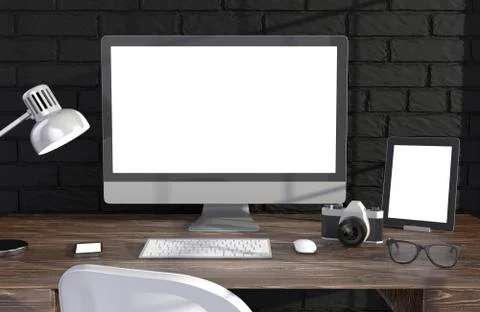 3D illustration PC screen on table near brick wall Workspace Ilustración de archivo