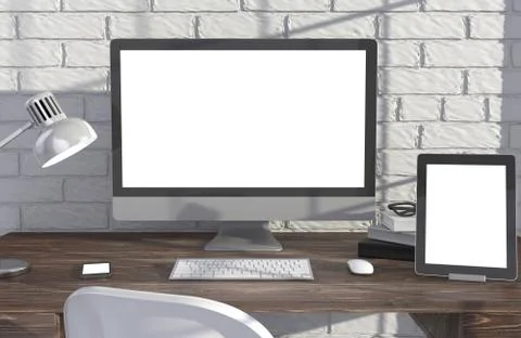 3D illustration PC screen on table near brick wall Workspace Stock Illustration