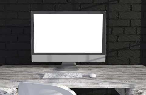3D illustration PC screen on table near brick wall Workspace 스톡 일러스트