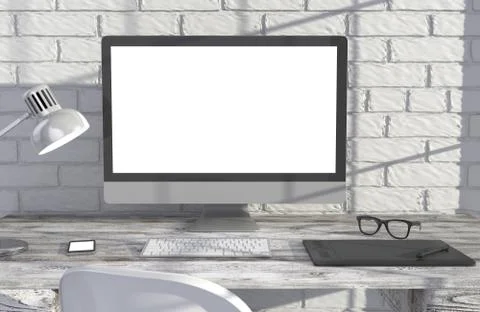 3D illustration PC screen on table near brick wall Workspace Illustrazione stock