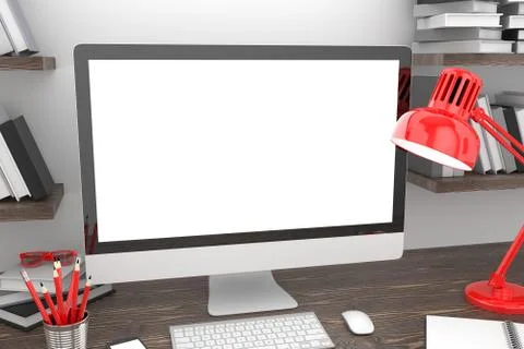 3D illustration PC screen on table in office, Workspace Illustrazione stock