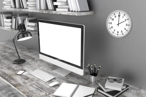 3D illustration PC screen on table in office, Workspace Stock Illustration