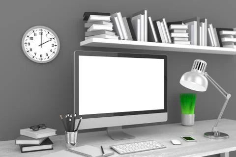 3D illustration PC screen on table in office, Workspace Illustrazione stock