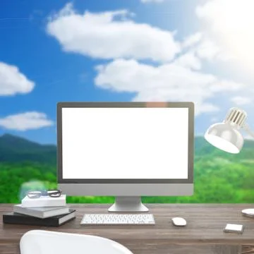 3D illustration PC screen on table outdoor  Workspace Stock Illustration