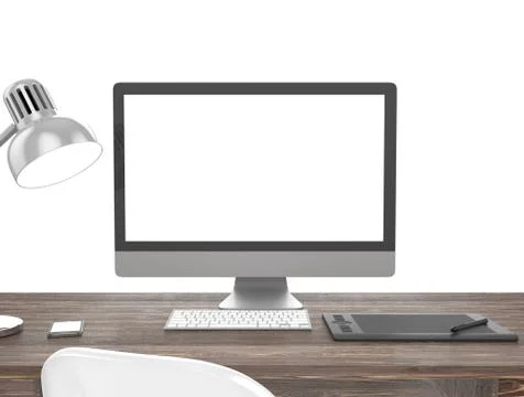 3D illustration PC screen on table outdoor  Workspace Stock Illustration