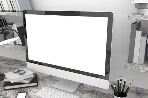 3D illustration PC screen on table in office, Workspace Ilustración de archivo