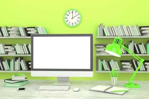 3D illustration PC screen on table in office, Workspace Stock Illustration