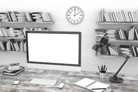 3D illustration PC screen on table in office, Workspace 스톡 일러스트