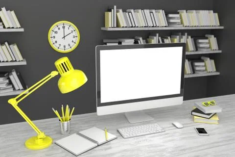 3D illustration PC screen on table in office, Workspace Illustrazione stock