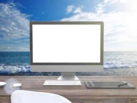 3D illustration PC screen on table outdoor  Workspace Stock Illustration