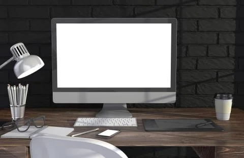 3D illustration PC screen on table near brick wall Workspace Illustrazione stock