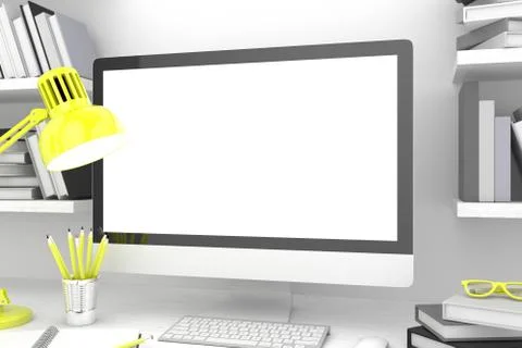 3D illustration PC screen on table in office, Workspace Stock Illustration