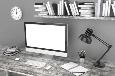 3D illustration PC screen on table in office, Workspace Stock Illustration