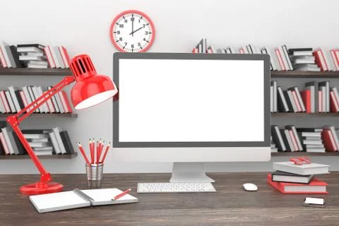 3D illustration PC screen on table in office, Workspace Stock Illustration