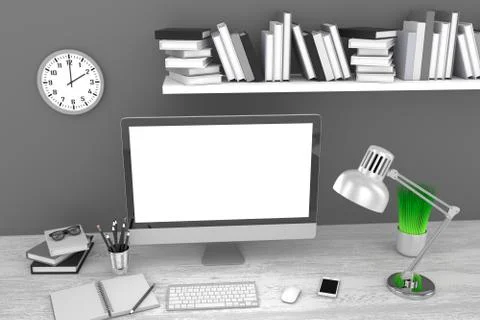 3D illustration PC screen on table in office, Workspace Stock Illustration