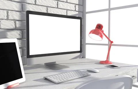 3D illustration PC screen on table in office, Workspace Stock Photos