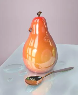 3d illustration of pear creative still life on glass table in pink room with  Stock Illustration