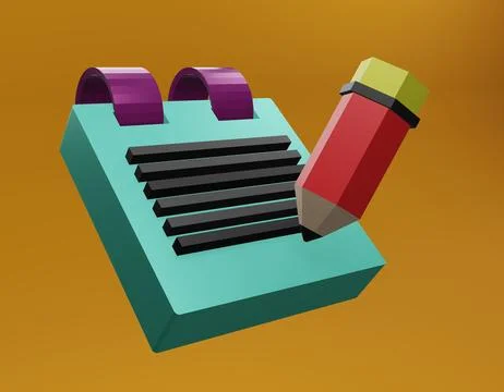 3D illustration of a pencil taking notes on a copybook on a yellow background Stock Illustration