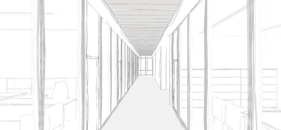 3d illustration perspective of an office corridor with glass partition walls. Ilustración de archivo