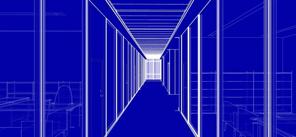 3d illustration perspective of an office corridor with glass partition walls. Ilustración de archivo