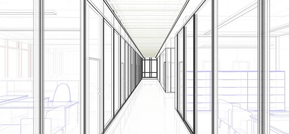 3d illustration perspective of an office corridor with glass partition walls. Ilustración de archivo