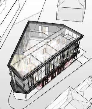 3D illustration perspective of a small office building in corner spot from up. Ilustración de archivo