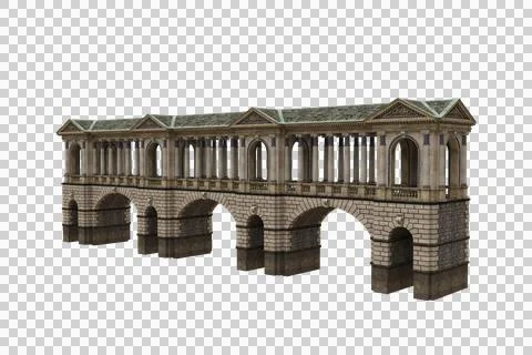3D illustration perspective view of a long covered stone bridge with roof a.. Stock Illustration