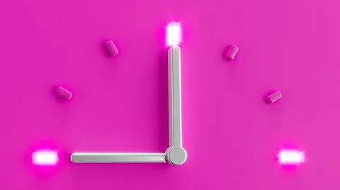 3D illustration of a pink clock pointing to nine o'clock with lights on every Stock Illustration