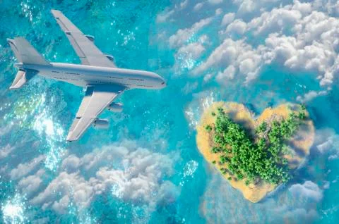 3D Illustration of  the plane flies to Heart Shaped Paradise Island Stock-Illustration