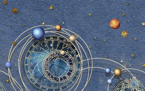 3d illustration, planets of the solar system, dial, zodiac signs, stars Stock Illustration