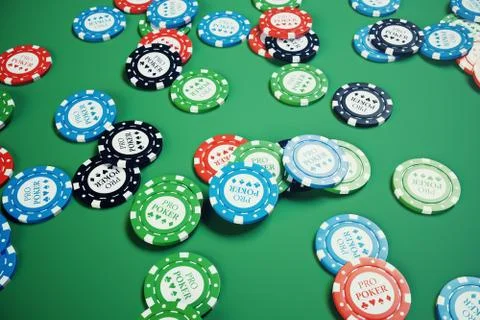3D illustration playing chips, cards and money for casino game on green table Stock Illustration
