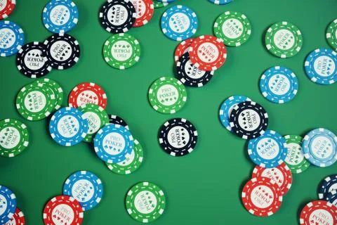 3D illustration playing chips, cards and money for casino game on green table 스톡 일러스트