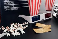 Flying popcorn, 3D glasses, film reel and clapboard on a yellow
