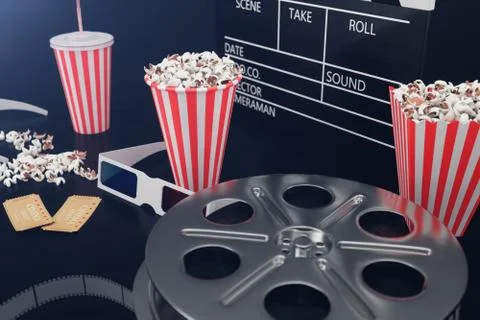 3d illustration of popcorn, drinks, clapperboard, filmstrip and two tickets Stock Illustration