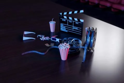 3D illustration of popcorn, drinks, clapperboard, filmstrip and two tickets 스톡 일러스트