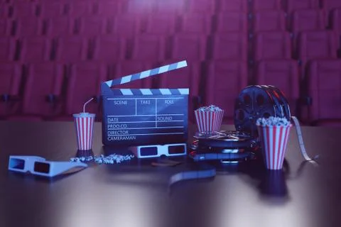3D illustration of popcorn, drinks, clapperboard, filmstrip and two tickets Stock-Illustration