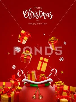 3d illustration postcard of Christmas bag among presents PSD Template