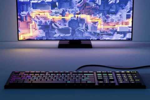 3d illustration, Powerful personal computer gamer with screen game. Cozy desk Stock Photos