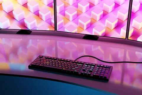 3d illustration, Powerful personal computer gamer with three monitors. Cozy d Stock Photos