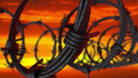 3d Illustration of a prison barbed wire fence at sunset Ilustración de archivo