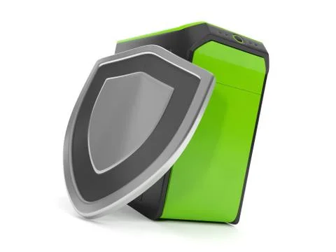 3d illustration: protecting computers from viruses. shield and the system uni Stock Illustration