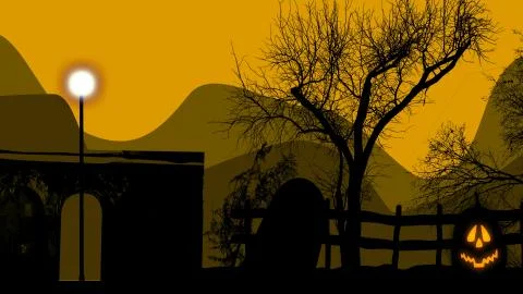 3d illustration of a pumpkin light on a graveyard and yellow sky. Illustrazione stock