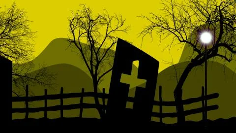 3d illustration of a pumpkin light on a graveyard and yellow sky. Stock Illustration