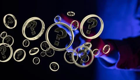 A 3d illustration of question marks in circles and a man tapping on it from t 스톡 사진