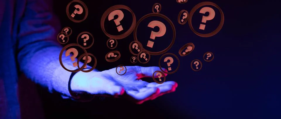 A 3d illustration of question marks in circles hovering over a man's palm in  Stock Photos