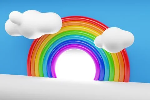 3d illustration of a rainbow round arch with clouds on a  white background.   Stock Illustration